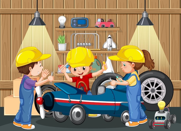 Garage scene with children fixing a car together