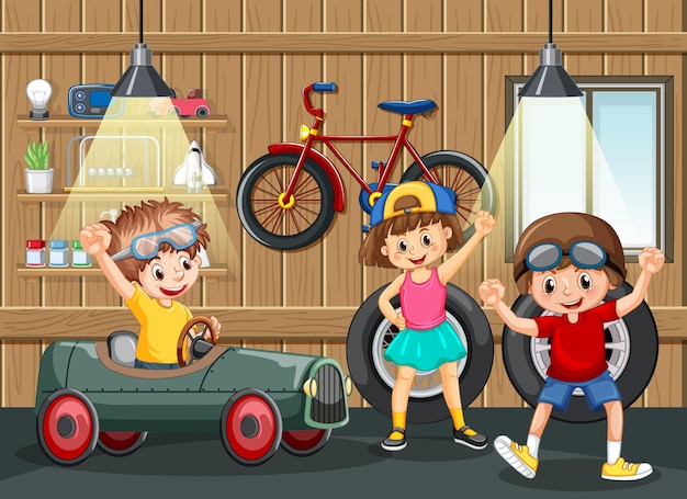 Garage scene with children fixing a car together