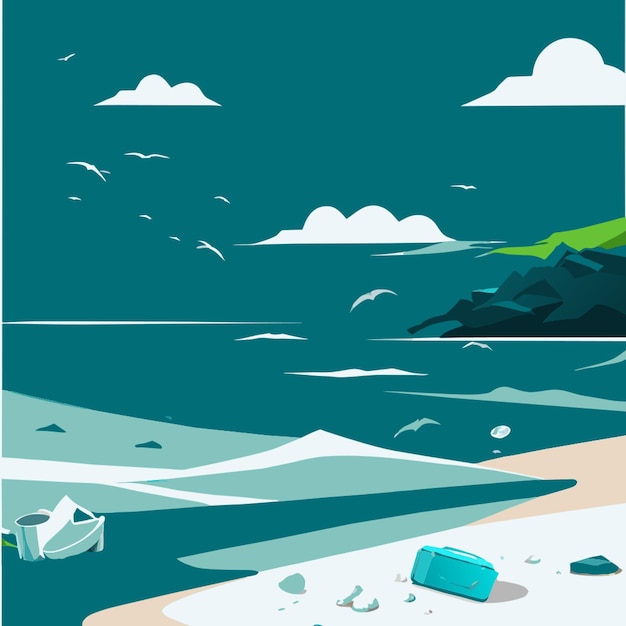 garbage on the beach semirealistic image vector illustration