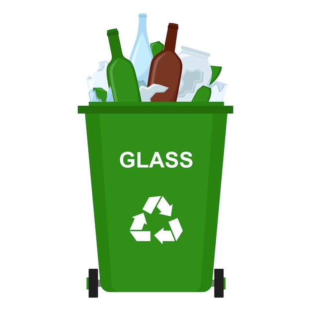 Garbage bin with glass waste, recycling garbage, vector illustration