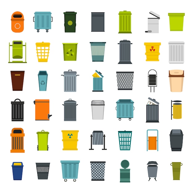 Garbage can icon set. Flat set of garbage can vector icons collection isolated