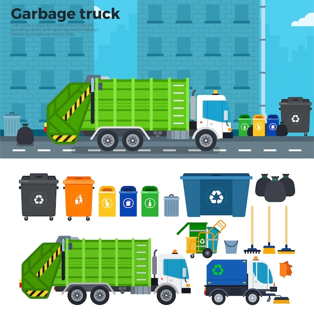 Garbage car on the street Ecology and reduce concept Garbage car trash cans rake brooms