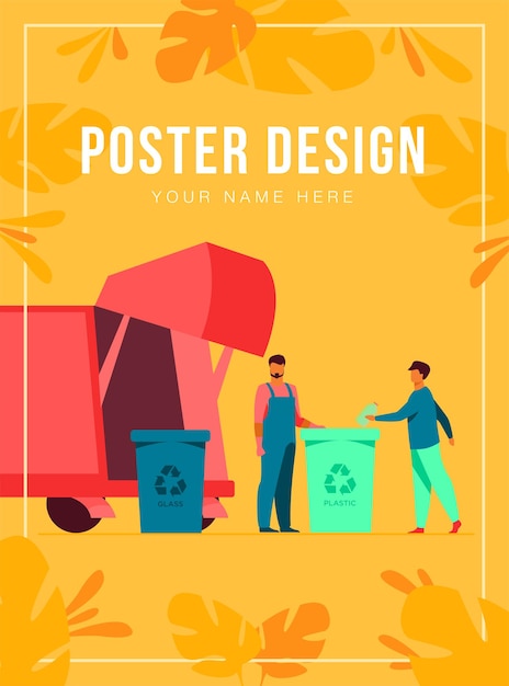 Garbage collector cleaning waste bin poster template