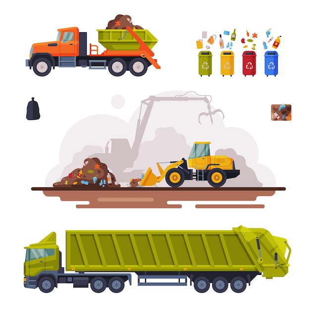 Vector garbage disposal set waste collection sorting processing and recycling flat vector illustration