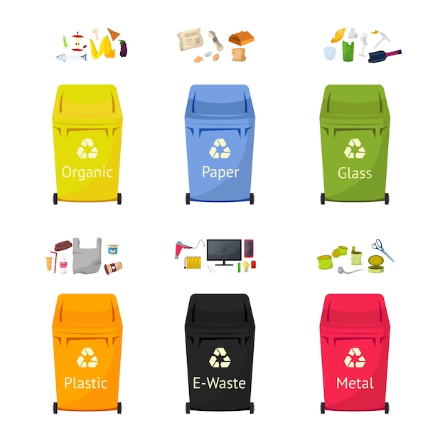 Garbage sorting bins flat illustrations set, waste recycling isolated cliparts pack on white background. Trash bins for plastic, glass, paper materials reuse cartoon design elements