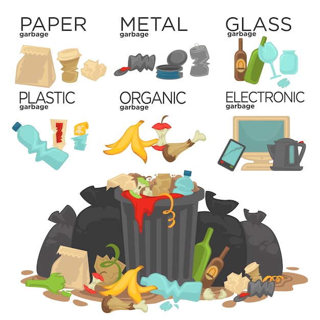 Vector garbage sorting food waste, glass, metal and paper, plastic