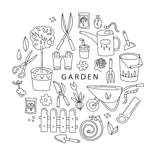 Garden background in doodle style round icon with tools for planting and caring for plants Vector i