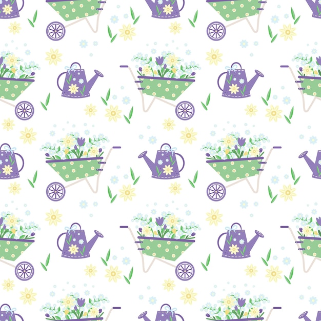 Garden cart with a bunch of plants blue flowers yellow and purple tulips green leaves watering can Seamless vector pattern on a white background Drawing in cartoon style