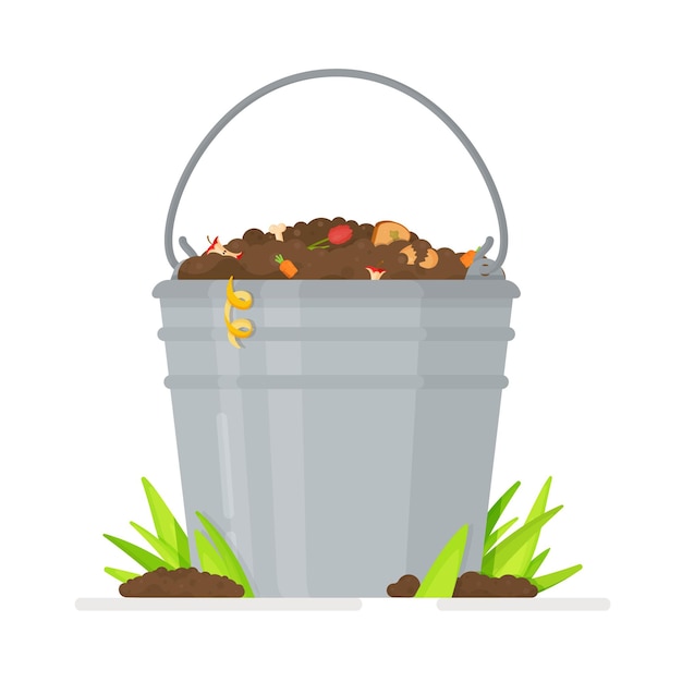 garden composters for biodegradable  waste. Bucket filled with fertile soil with worms.