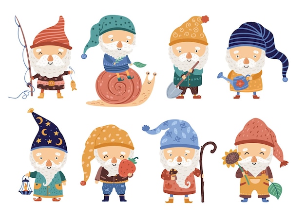 Garden dwarfs Cartoon gnome tiny forest elf Cute fairy tale characters funny magic men elves Leprechaun with lantern and flower neoteric vector set