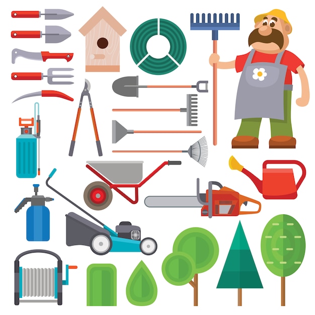 Vector garden equipment flat set vector and gardener character with beard and rake