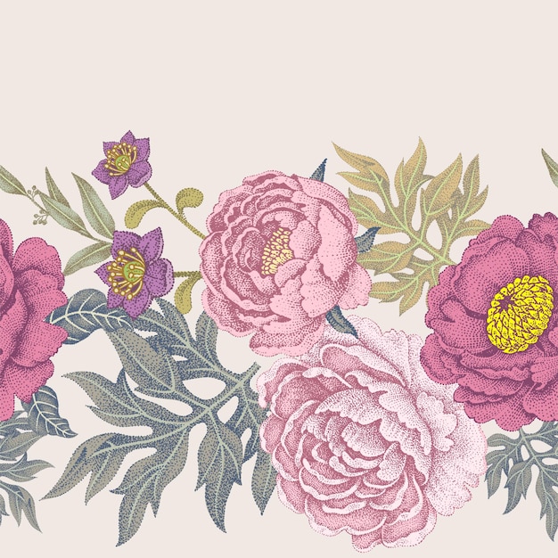 Garden flowers of roses and peonies Seamless pattern Vector Illustration