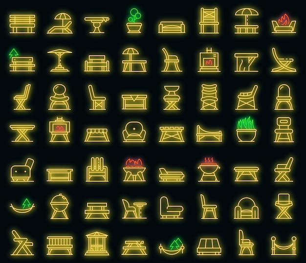 Garden furniture icons set. Outline set of Garden furniture vector icons neoncolor on black