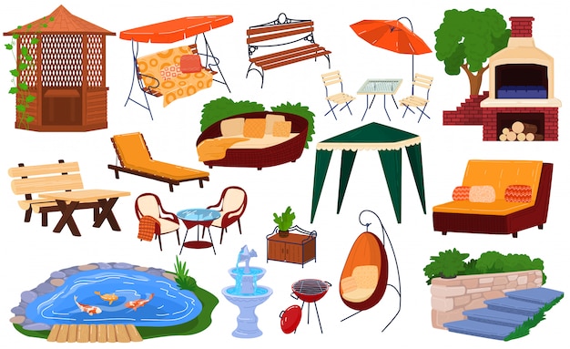 Vector garden furniture  illustration set, cartoon  collection of backyard picnic furnishing gardening elements for barbecue pavilion