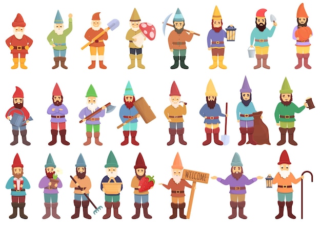 Garden gnome icons set. Cartoon set of garden gnome vector icons for web design