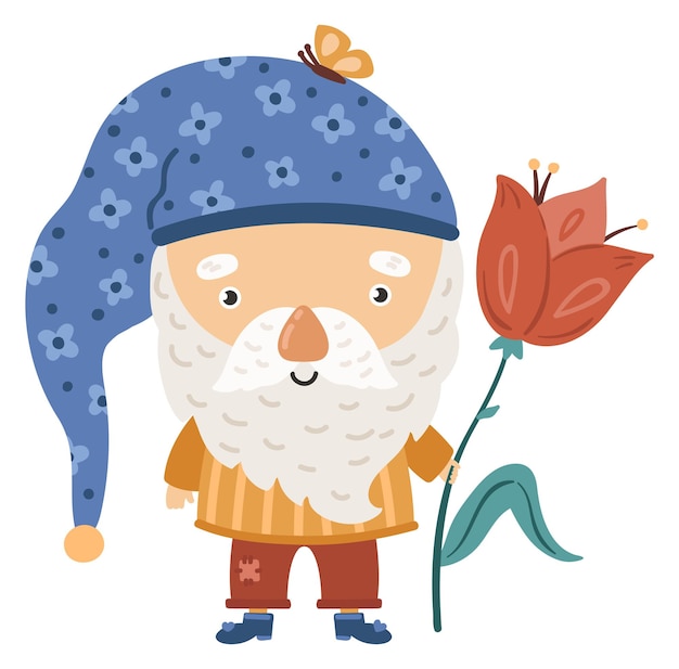 Garden gnome with tulip Cute tiny old man with beard