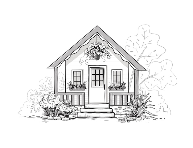 Garden house. Summer house . Vector illustration Monochrome sketch.