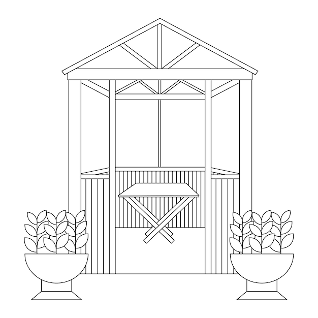 Garden house with table inside and flower beds outside black line drawing doodle