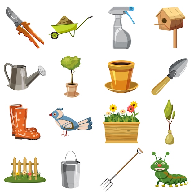 Garden icons set, cartoon style