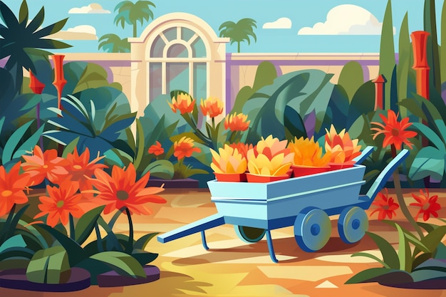 Vector garden illustration with pots and wheelbarrow