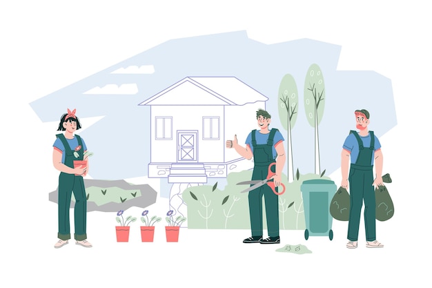 Garden and landscape service staff flat vector illustration isolated on white