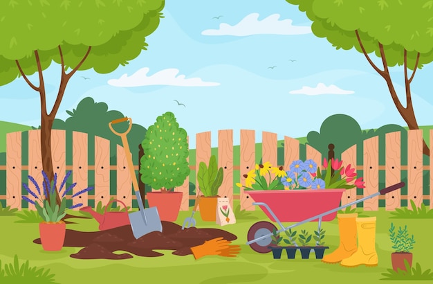 Garden landscape with plants trees fence and gardening tools vector illustration