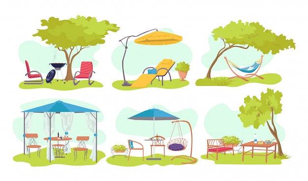 Garden outdoor wood furniture set,  illustration. Summer home  at nature background,  umbrella, chair at house backyard. Green picnic patio table, bench, plant modern landscape.