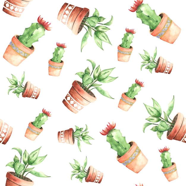 Garden pattern patterns of watercolor plants in pots