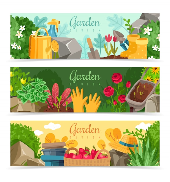 Garden plants horizontal banners set