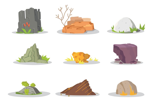 Garden Rocks and stones single or piled for damage. illustration game art architecture design. boulder vector set