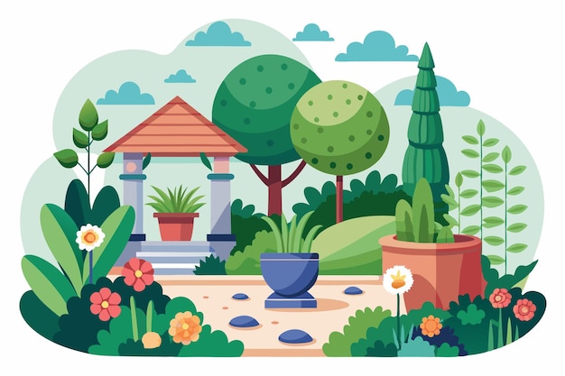 Vector a garden scene with a covered pavilion and potted plants