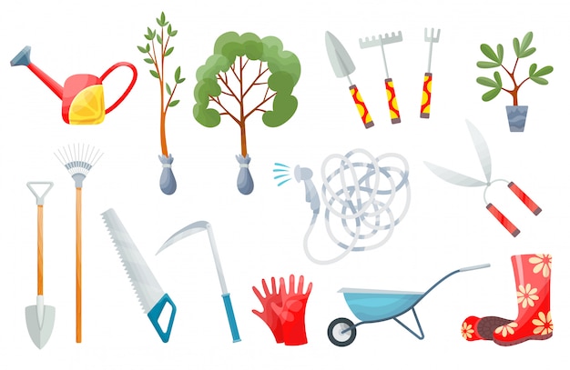 Garden set. Set of various agricultural tools for garden care, colorful vector flat illustration. Gardening elements spade, pitchfork, wheelbarrow, plants, watering can, grass, garden gloves