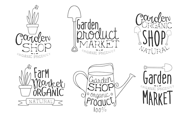 Garden Shop Organic Product Hand Drawn Badges Set Natural Farm Organic Market Monochrome Vector Illustration