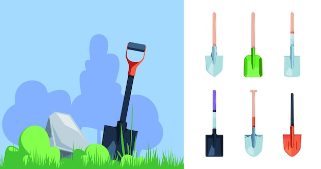 Garden shovel Tools for gardening cultivation items agricultural collection garish vector colored illustrations set