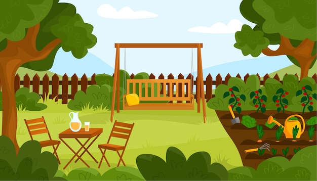 Garden in sunny day with furniture swings garden tools Relaxing zone under the trees