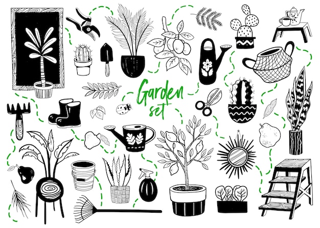 Garden themed doodle set Hand drawn vector illustration