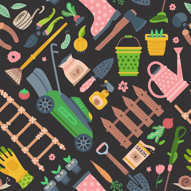 Garden tool and materials seamless pattern illustration