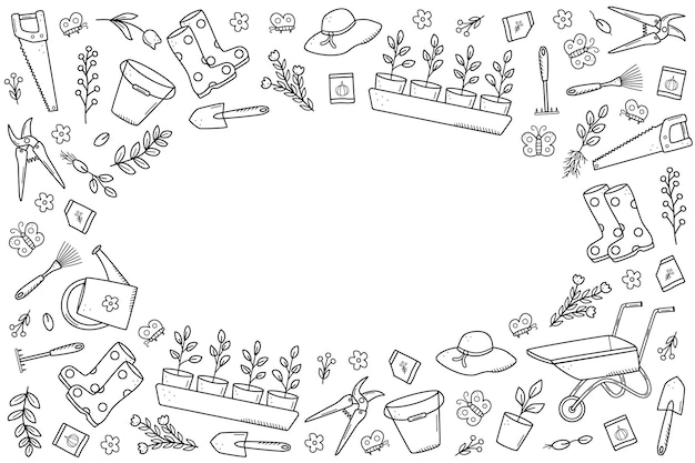 Garden tools and plants a set of vector doodle illustrations Concept gardening a summer hobby