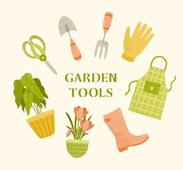 Vector garden tools set flat hand drawn style in pastel colors