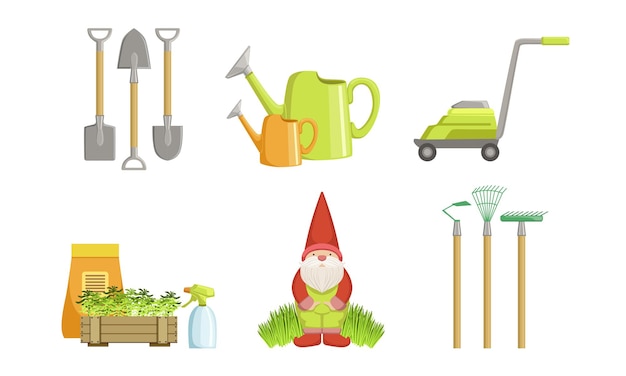 Vector garden tools set gardening equipment shovel watering can gnome rakes lawnmower vector illustration