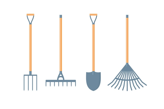 Garden tools set isolated on a white background shovel pitchfork rake garden shovel