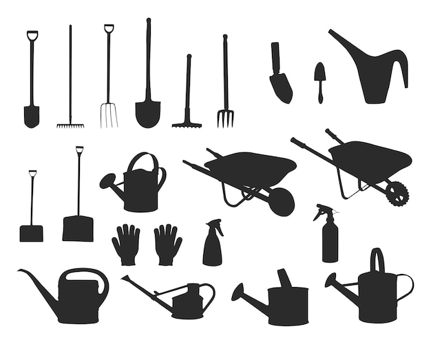 Garden tools silhouette, Gardening tools, and equipment silhouette, Garden tools vector.