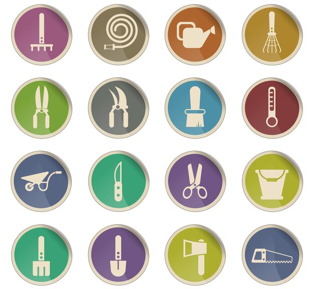 Garden tools vector icons in the form of round paper labels