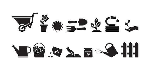 Garden vector icon set black silhouettes gardening Simple illustration