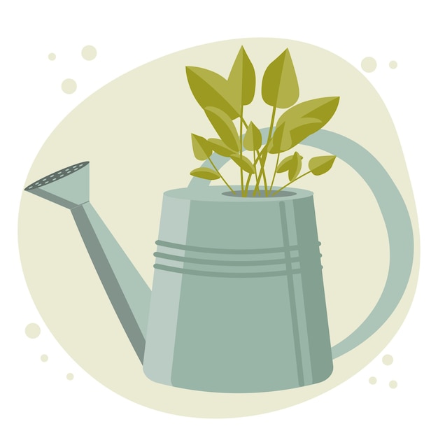 Garden watering can with plants, gardening concept. Illustration, vector