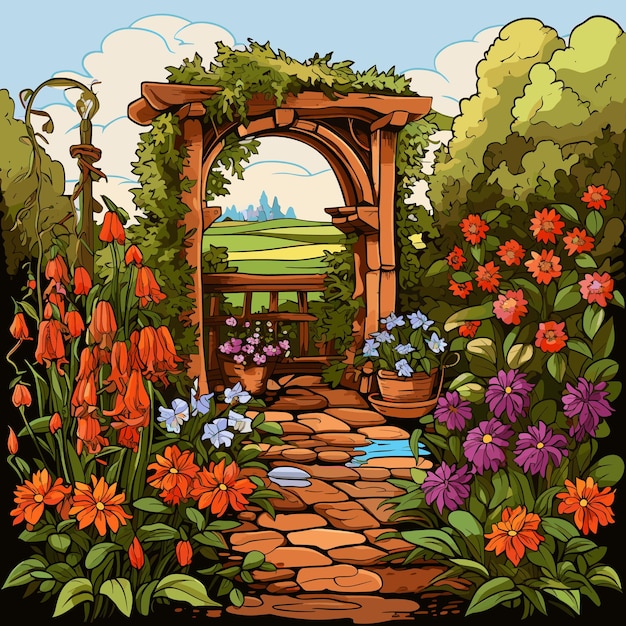 Garden with the fence and flowers background Illustration