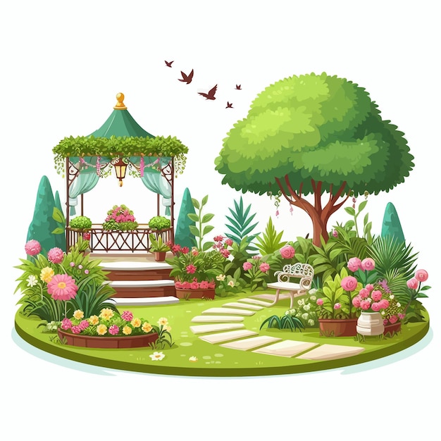 a garden with a gazebo and a gazebo with a gazebo and a gazebo