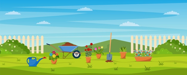 Garden with green grass, flowers, garden wheelbarrow, shovel. garden concept. 