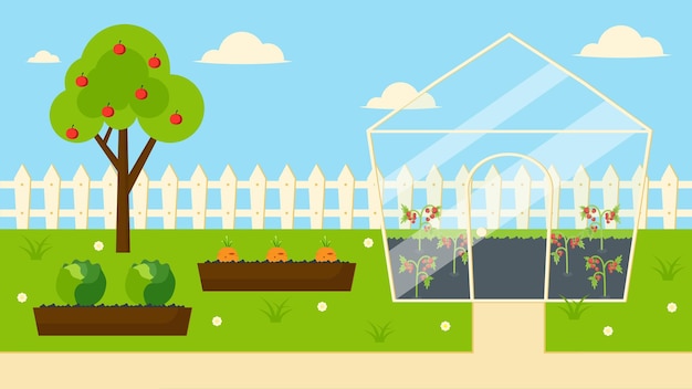 Garden with Greenhouse and High Beds Organic Farming