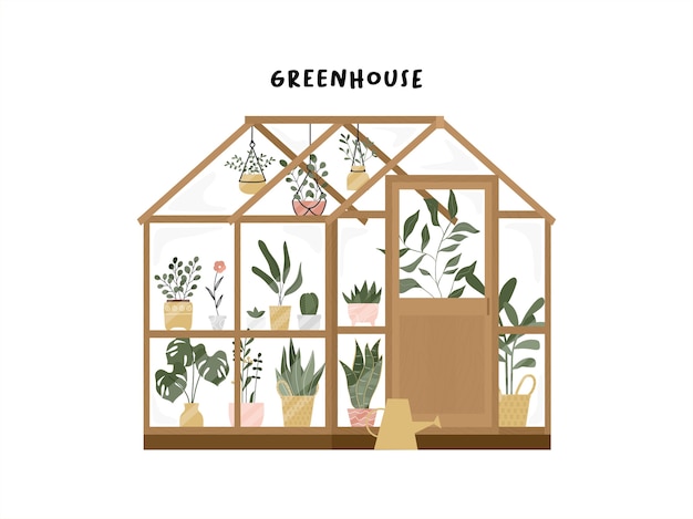 Garden with greenhouse or home gardening hand drawn